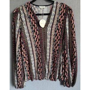 Chenault Top Women Size XL Multicolor Print Pleated Long Sleeve Pullover Stretch